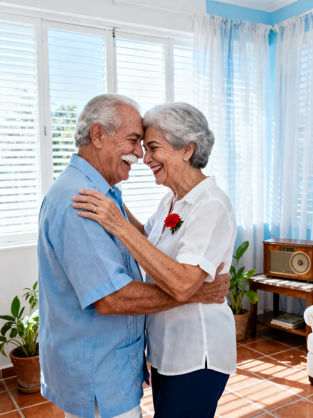 Una pareja de abuelos baila y ríe en su sala iluminada