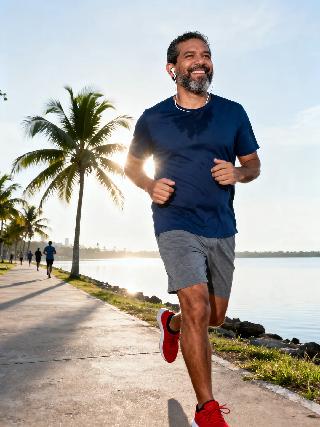 Un hombre trota sonriendo junto al lago al amanecer