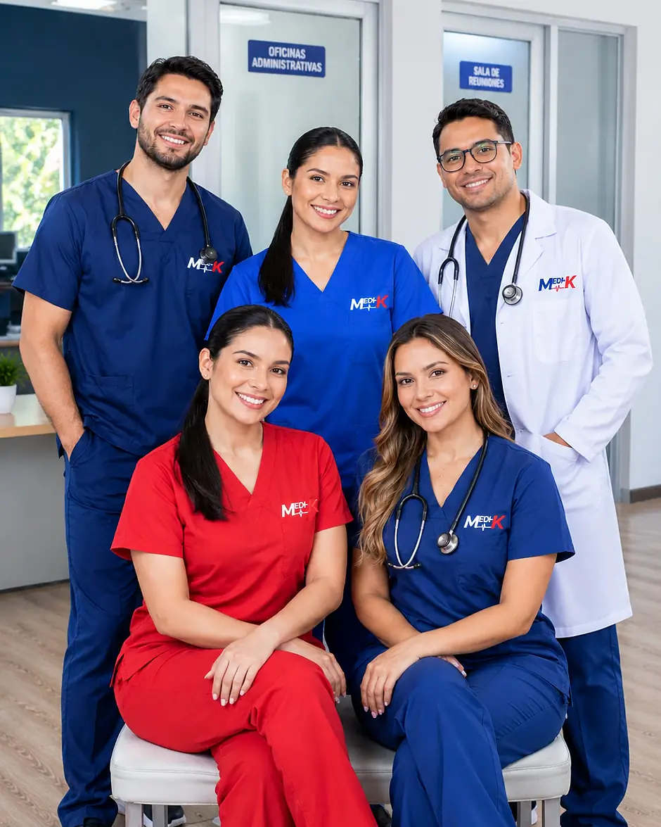 Equipo de Medik con uniformes azul y rojo en la sede