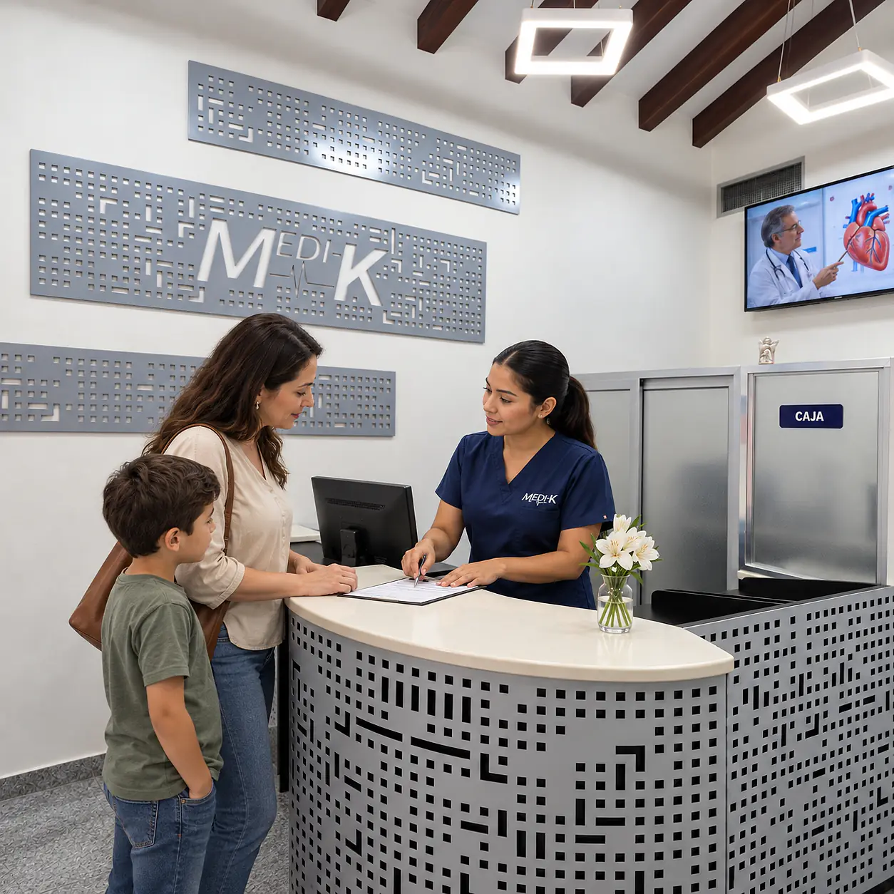 Recepcionista de Medik atiende a una mamá y su hijo