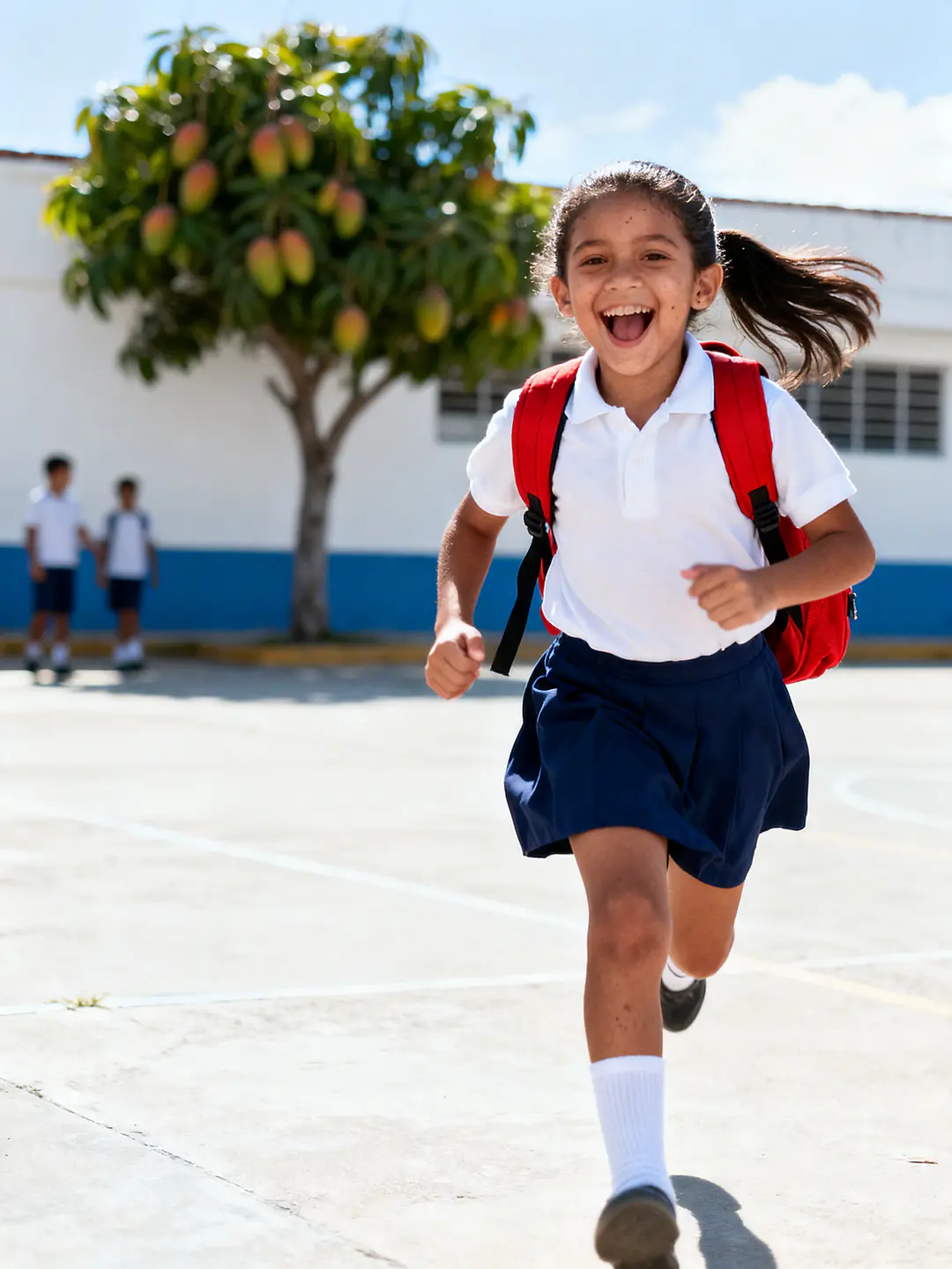 Una niña con uniforme escolar corre feliz por el patio del colegio