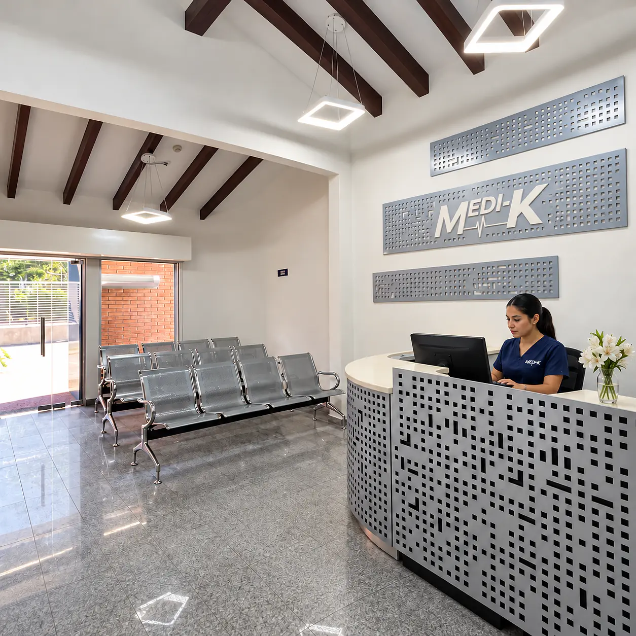 Recepción de Medik con mostrador perforado y luces cuadradas